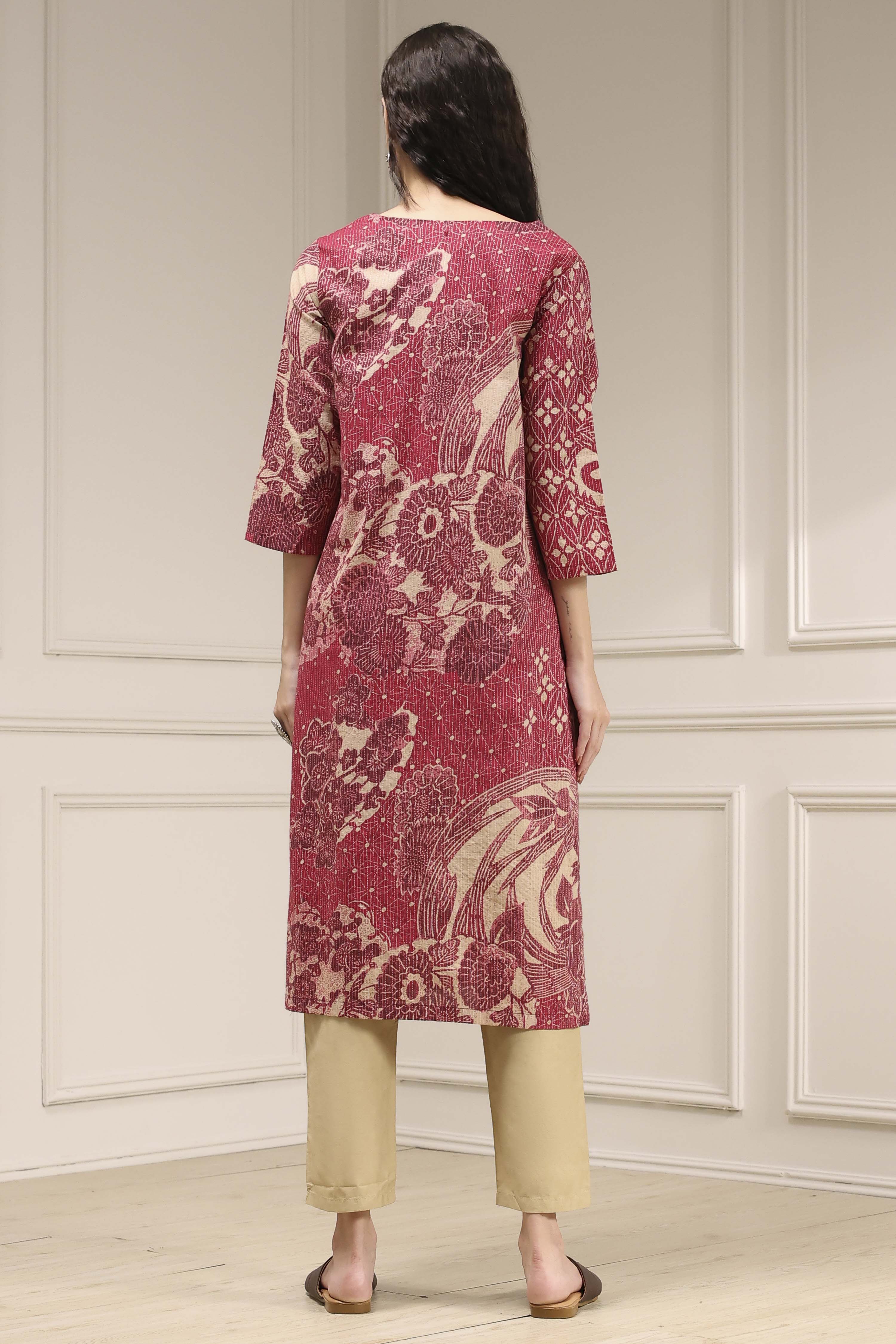 Onion Pink Cotton Printed Straight Kurta image number 3