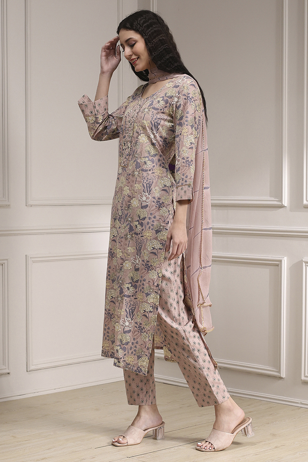 Purple Cotton Printed Embroidered Unstitched Suit Set image number 5