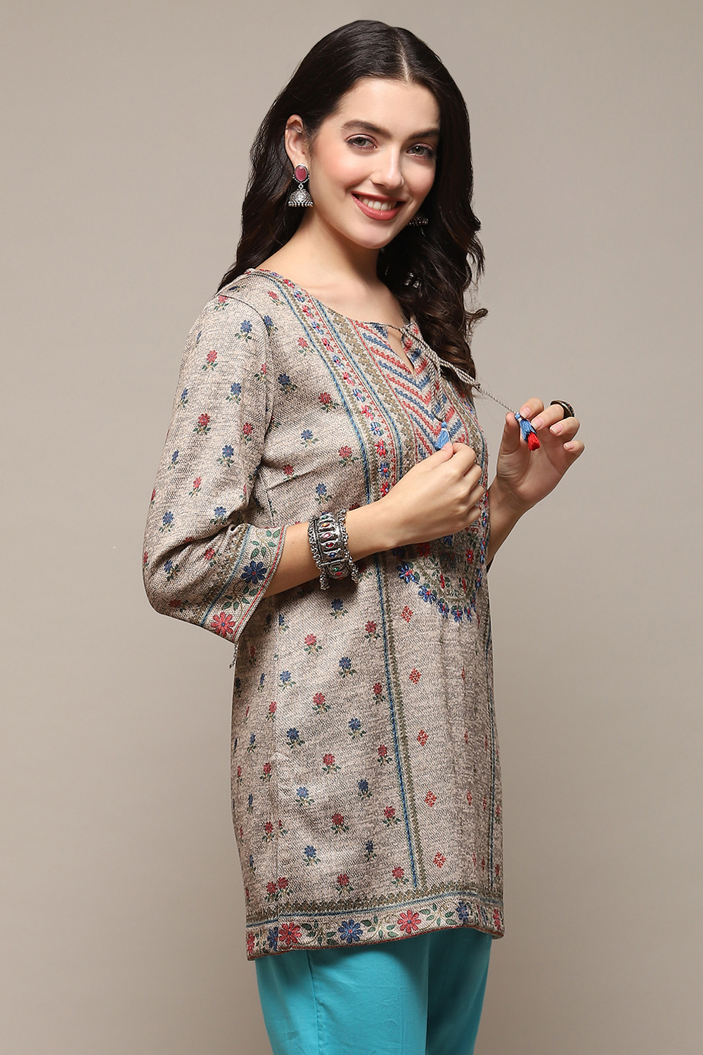Melange Black Poly Cotton Straight Printed Kurti image number 4