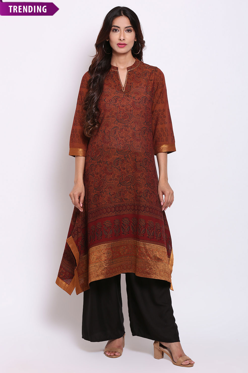 Brown Cotton Kalamkari Printed Kurta image number 0