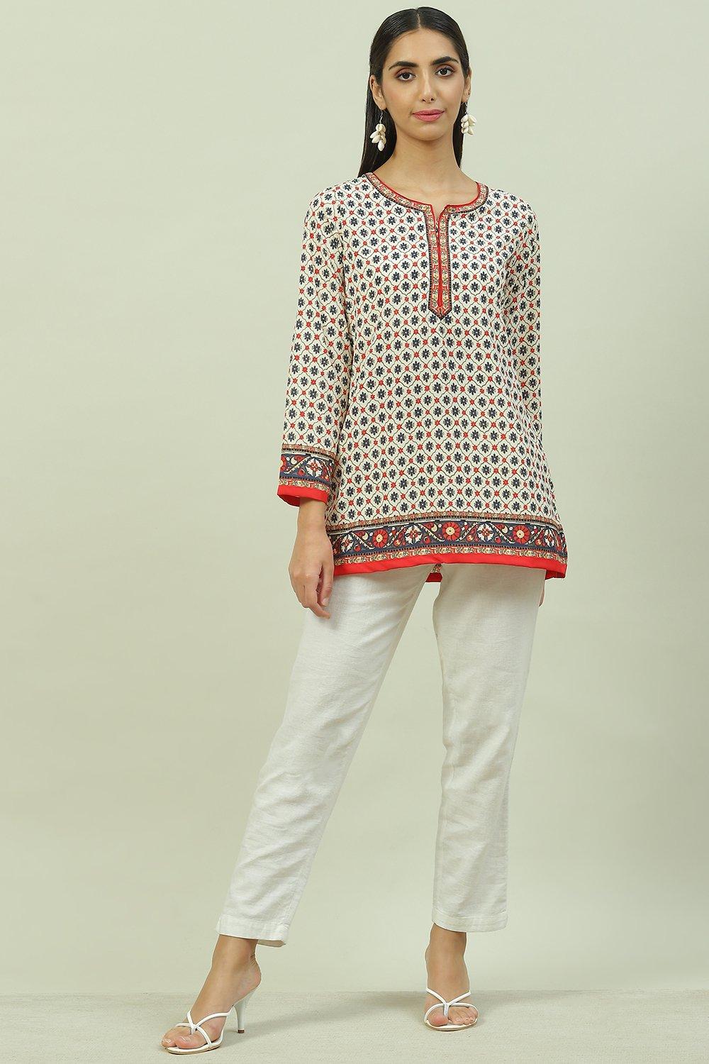 Off White Art Silk Straight Printed Kurti image number 5