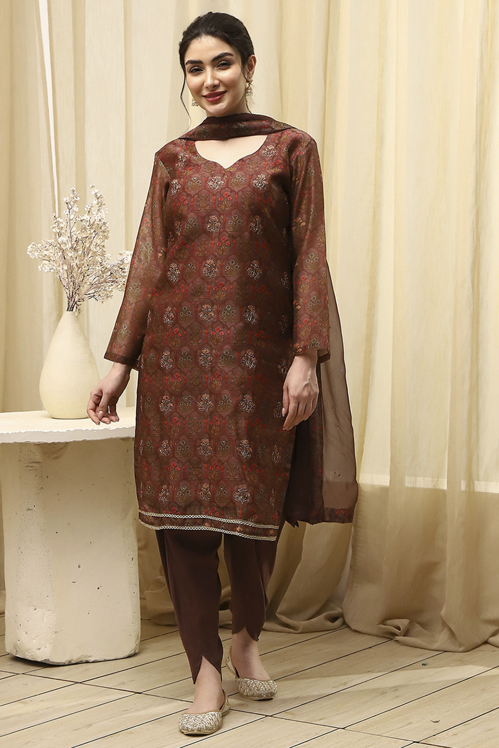 Brown Cotton Printed Embroidered Unstitched Suit Set image number 7