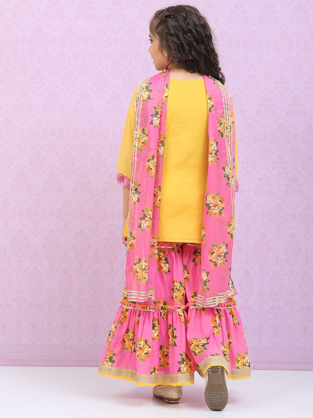 Yellow & Violet Art Silk Straight Kurta Garara Suit Set image number 4