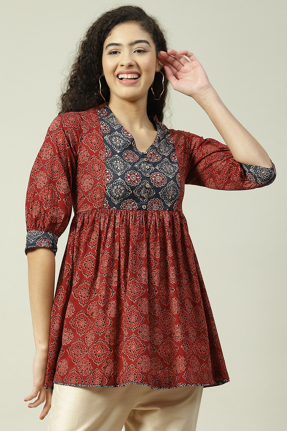 Rust Cotton Flared Printed Short Kurti image number 5