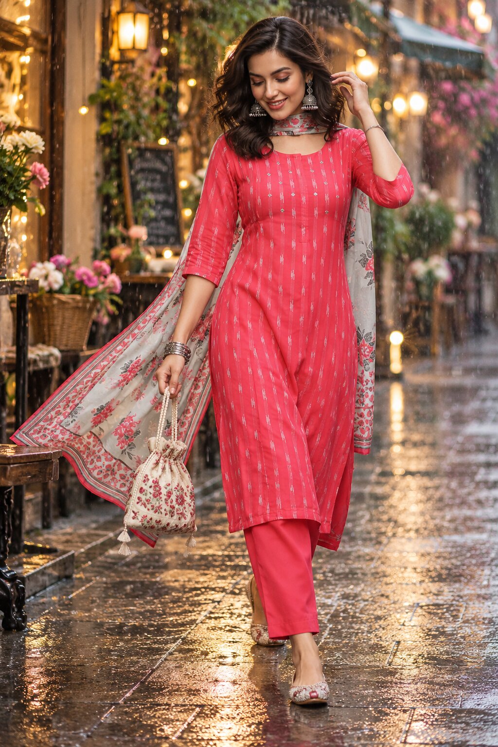 Coral Rayon Gathered Suit Set image number 0