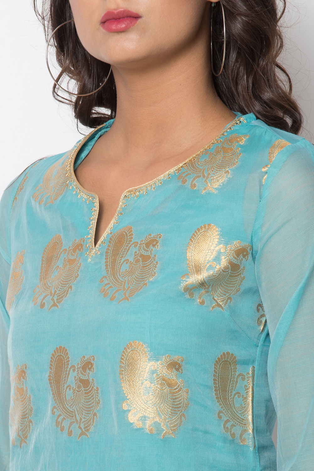 Green Poly Metallic Cotton Flared Yarndyed Kurta image number 1