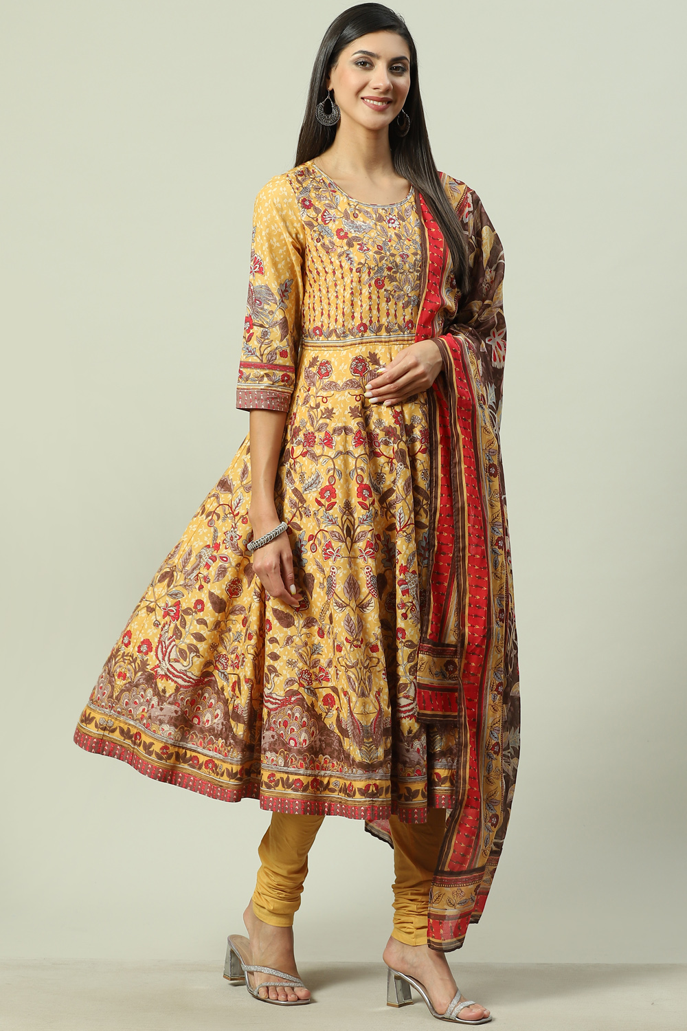 Yellow Cotton Anarkali Kurta Churidar Suit Set image number 5