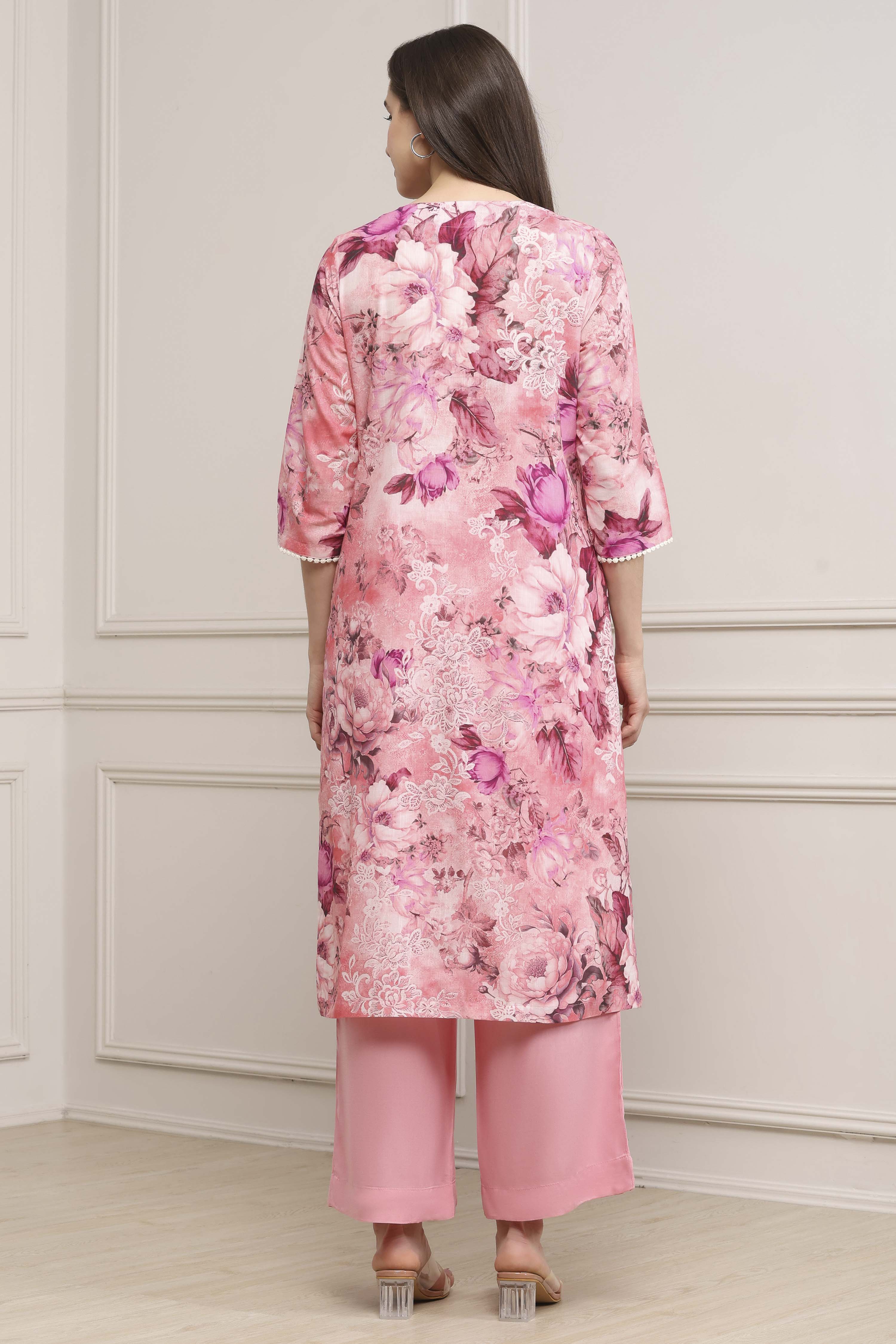 Beige Cotton Straight Suit Set image number 4