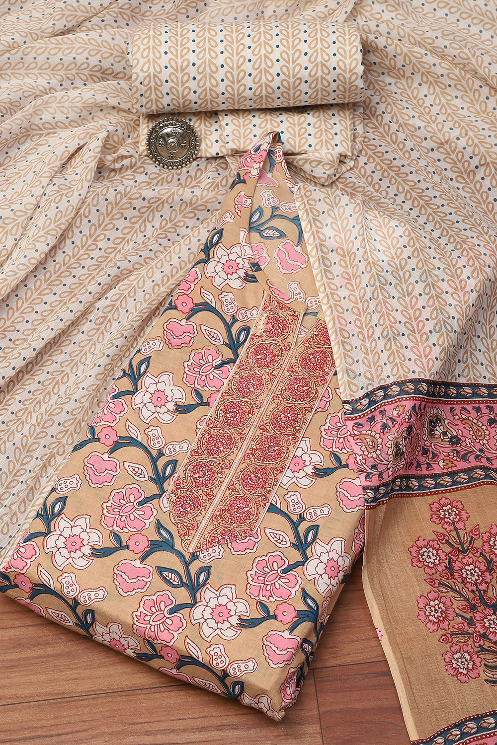 Peach Cotton Hand Block Print Unstitched Suit Set image number 0