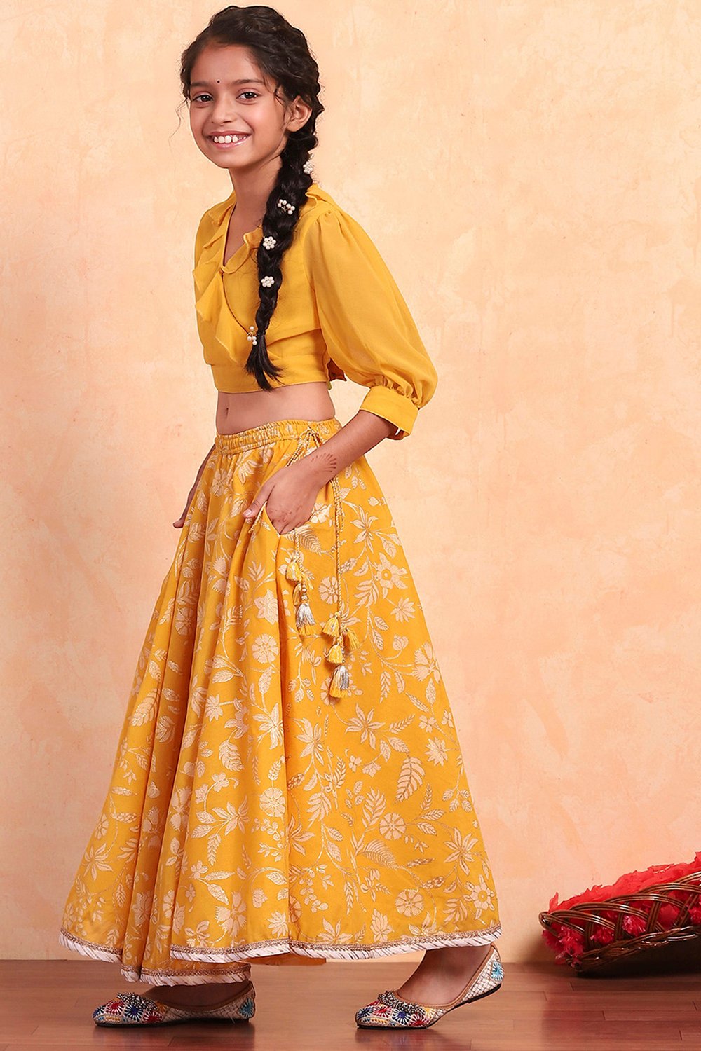 Yellow Polyester Blend Flared Lehenga Set image number 6