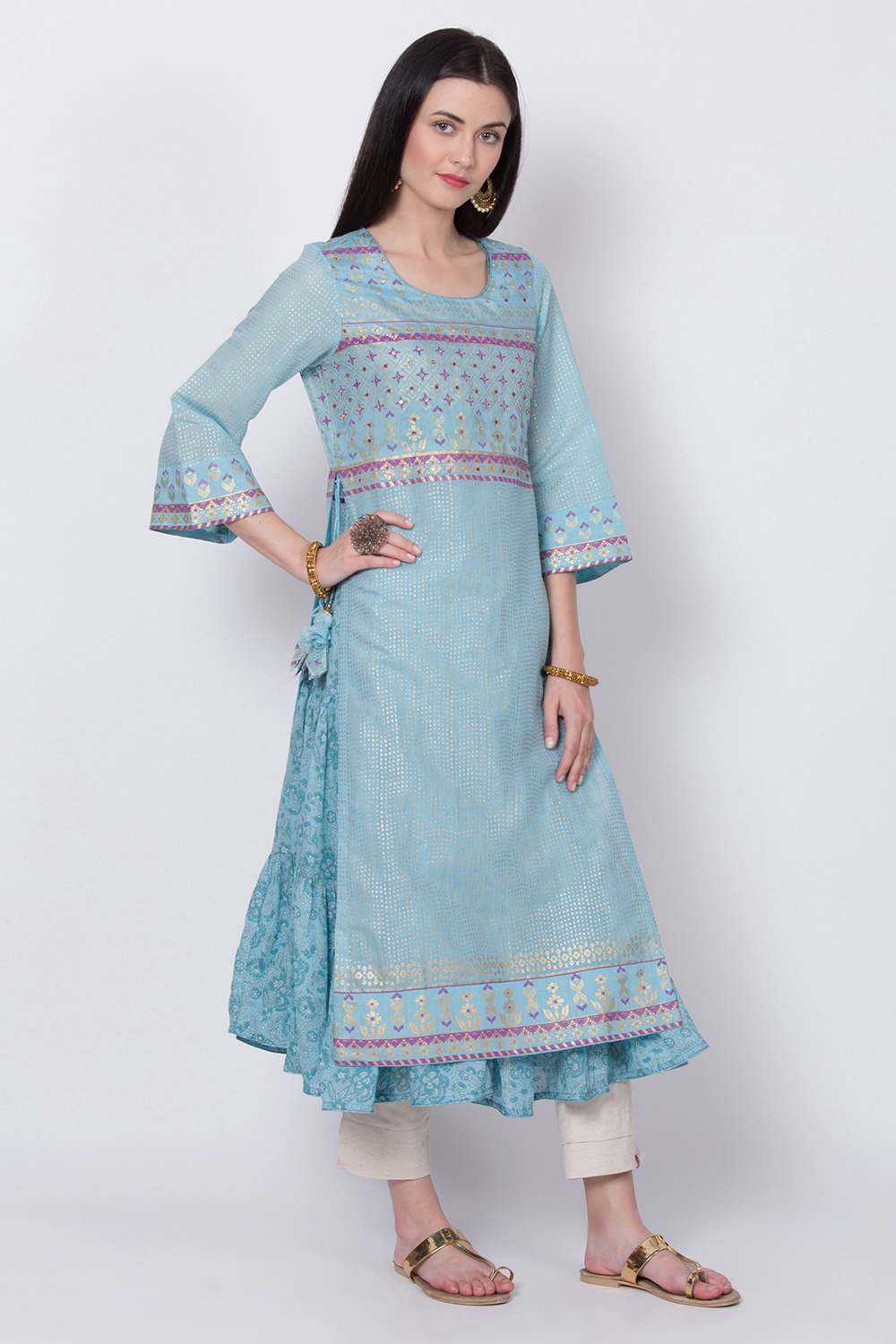 Blue Art Silk Flared Printed Kurta image number 3