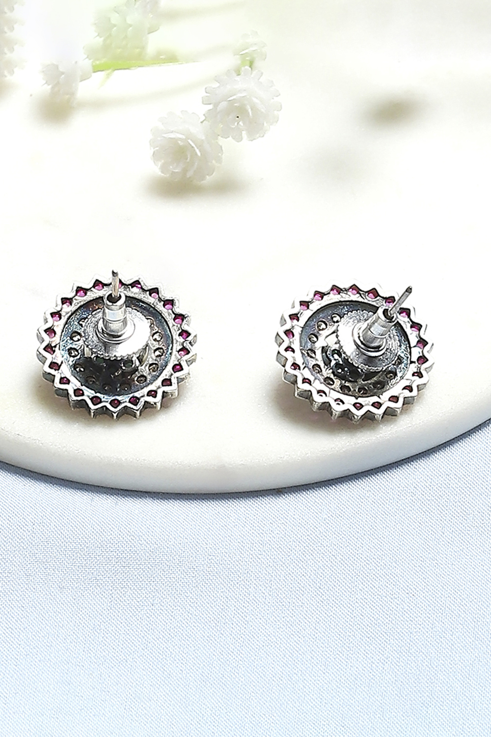 Pink and Green Oxidised Stone-Studded Studs image number 2
