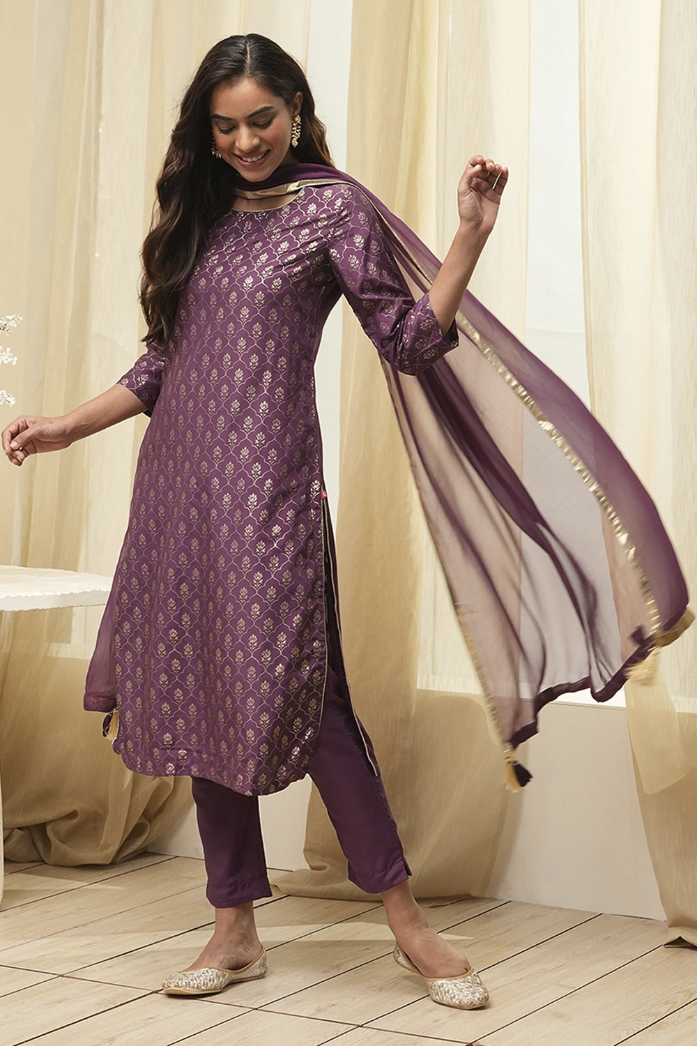 Dark Navy Art Silk Straight Kurta Slim Pants Suit Set image number 7