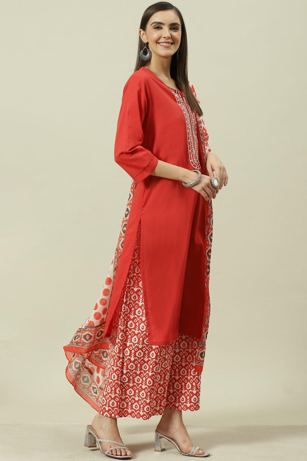 Red Solid Cotton Straight Kurta Regular Pants Suit Set image number 6