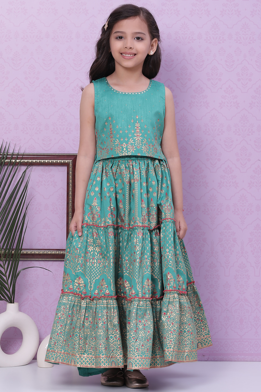 Green Art Silk Flared Lehenga image number 0