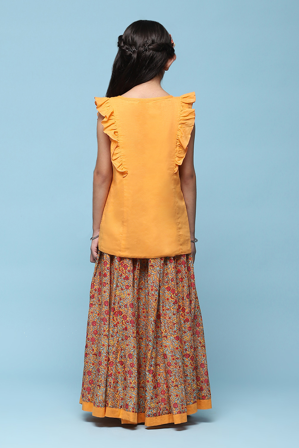 Orange Cotton Straight Printed Kurta Skirt Suit Set image number 4
