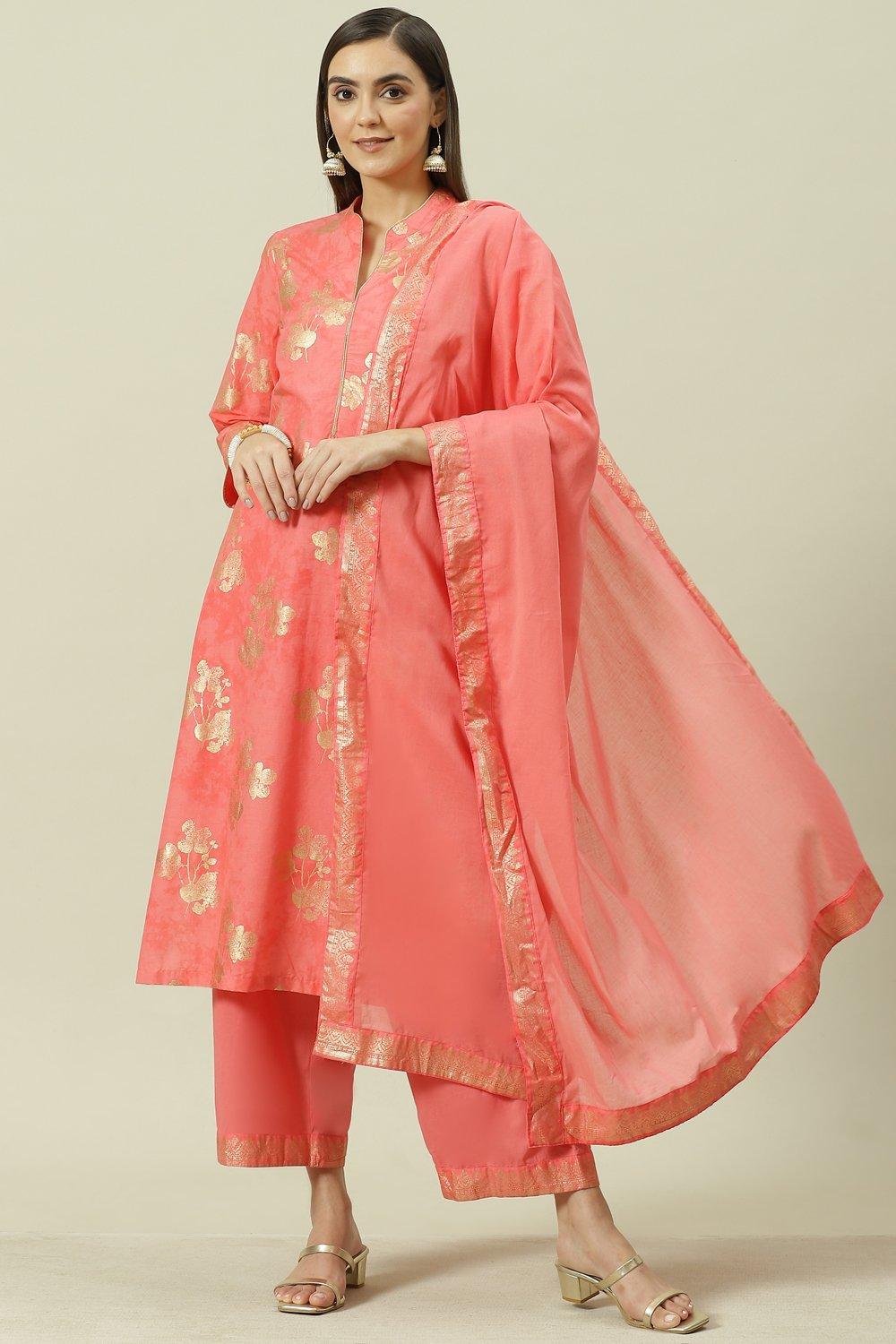 Peach Printed Cotton Straight Kurta Palazzo Suit Set image number 0