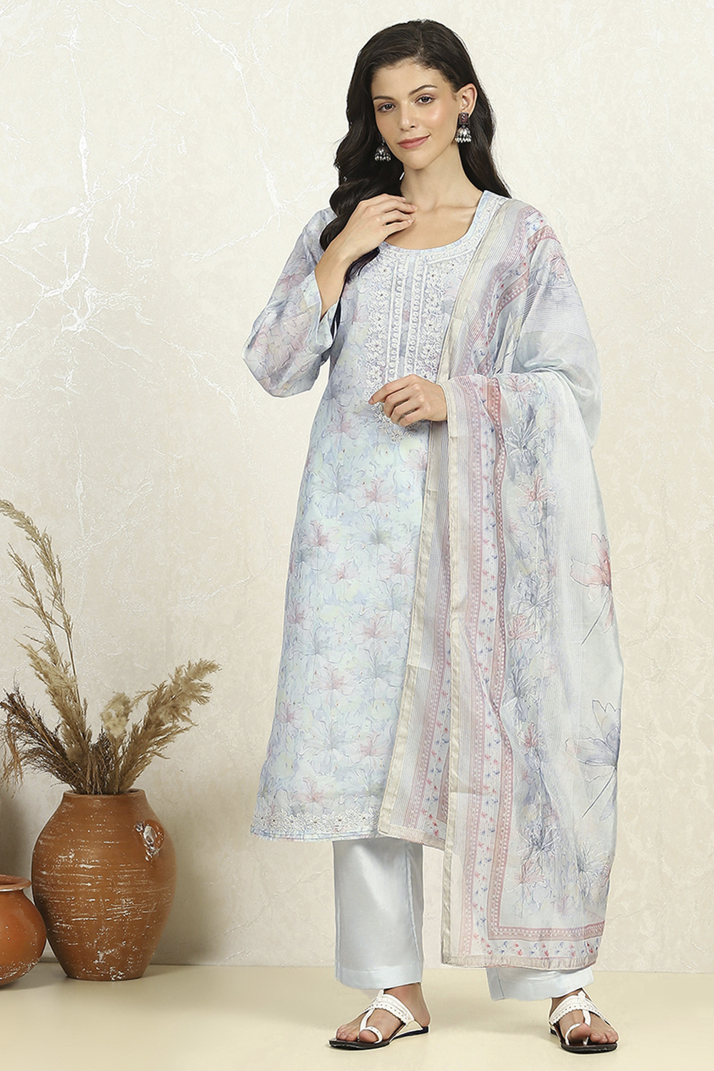 Light Pink Chanderi Unstitched Suit Set image number 7
