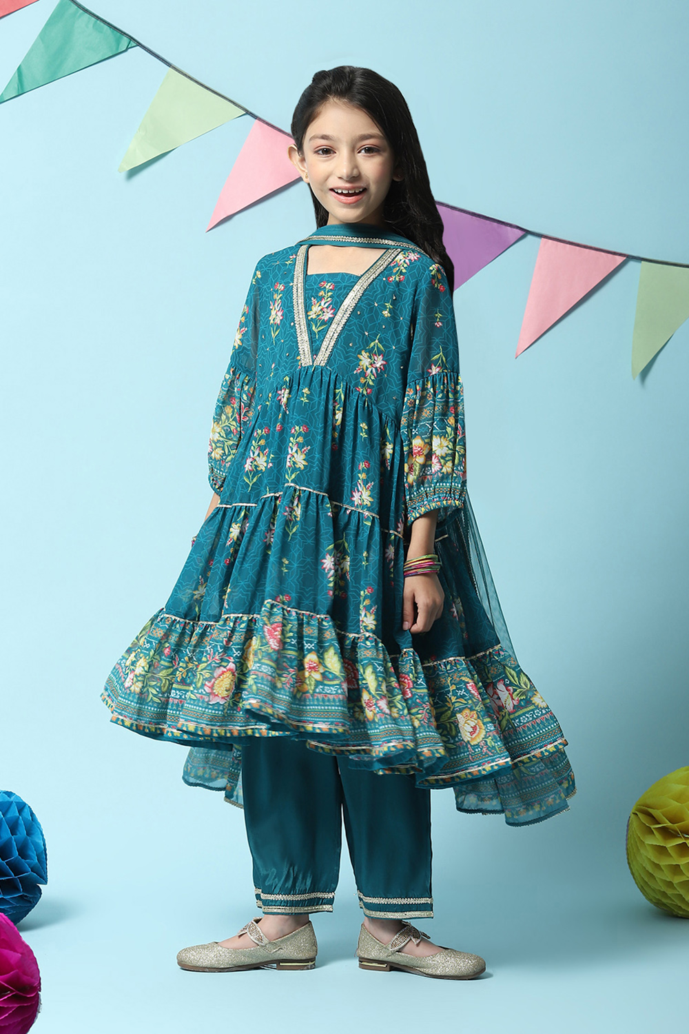 Teal Polyester Flared Printed Kurta Palazzo Suit Set image number 0