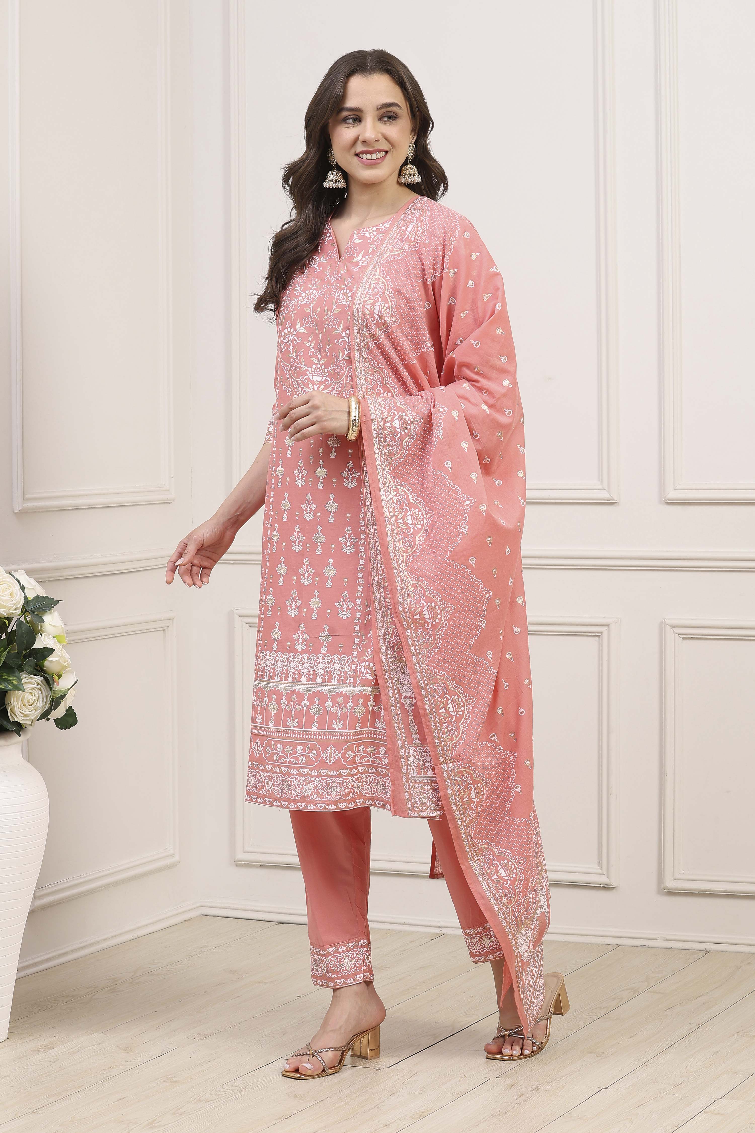 Sea Green Cotton Straight Kurta Pants Suit Set image number 3