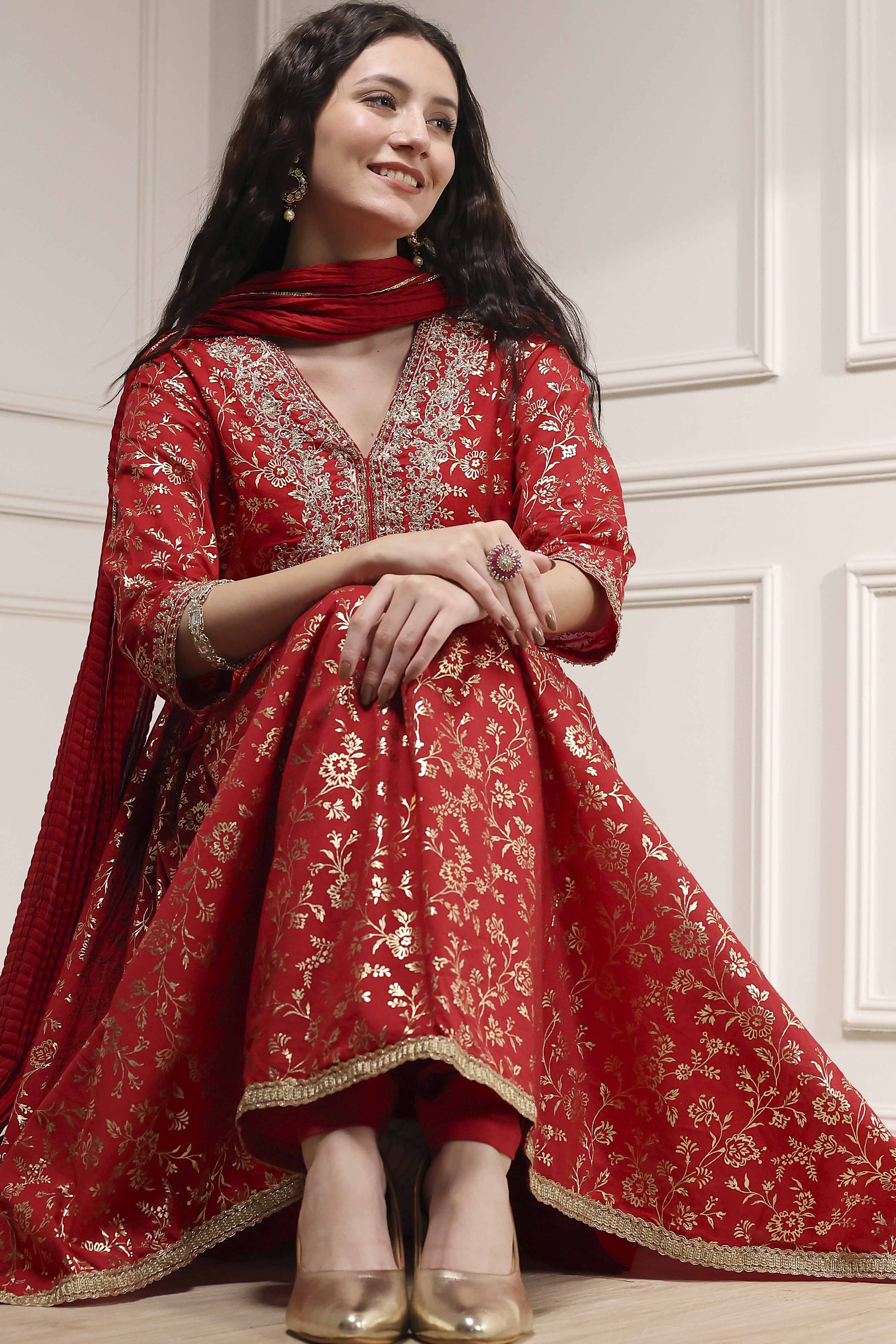 Off-White Cotton Foil Printed Anarkali Suit Set image number 8