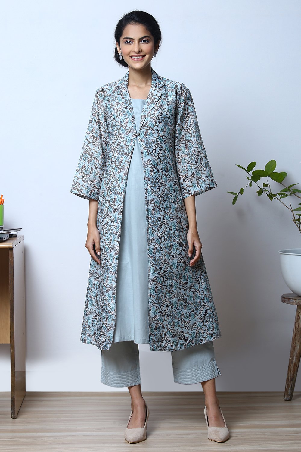 Smoke Blue Art Silk Fusion Kurta Relaxed Pant Suit Set image number 0