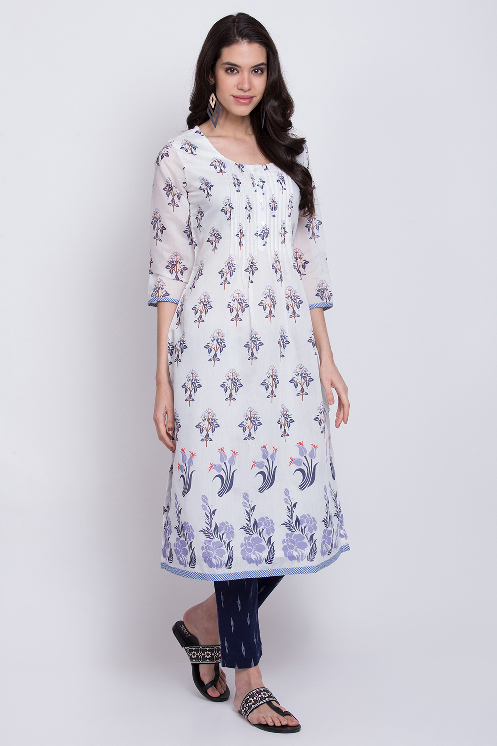 White Poly Cotton A-Line Kurta Slim Pant Suit Set image number 3