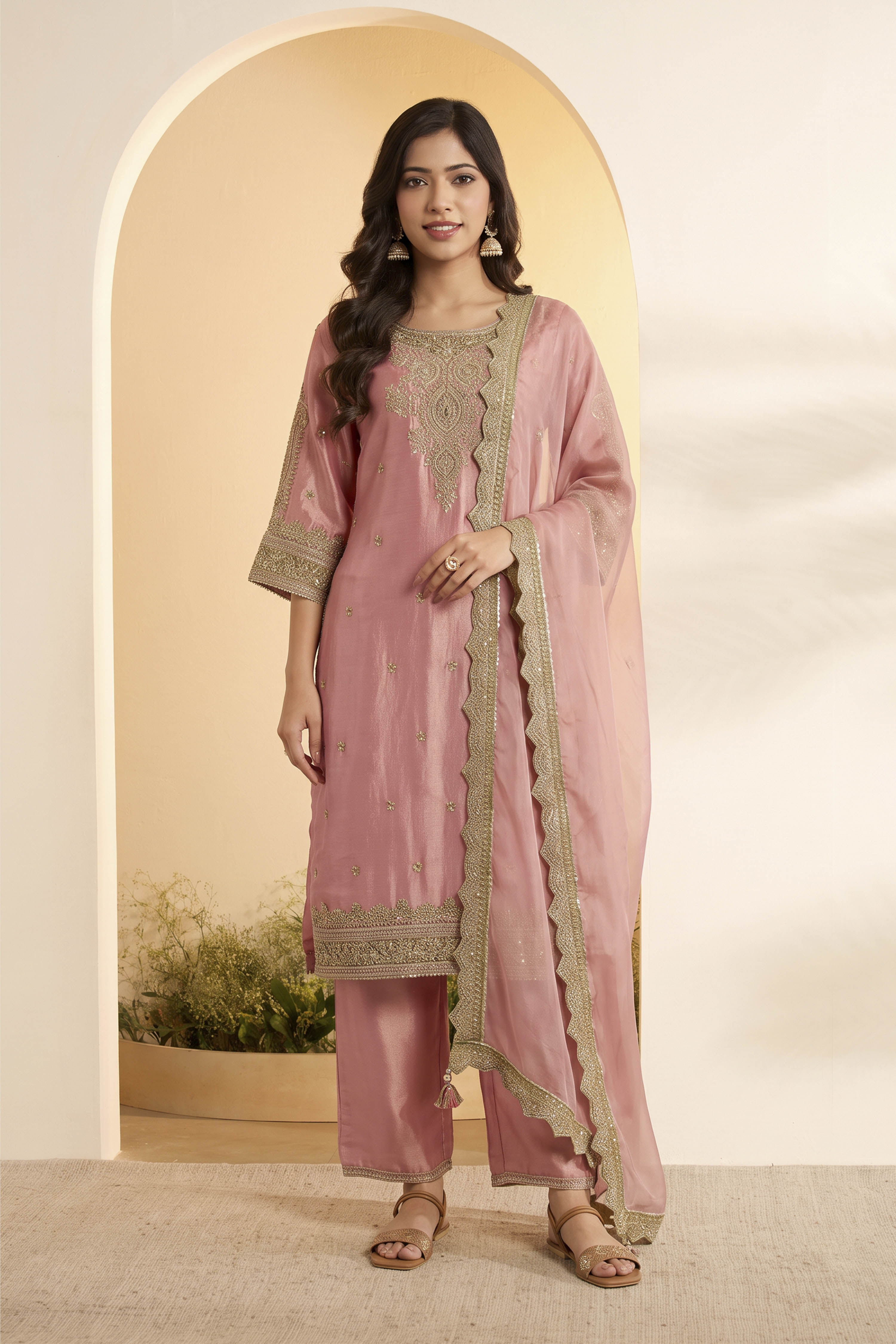 Rose Pink Viscose Rayon Embellished Suit Set image number 5