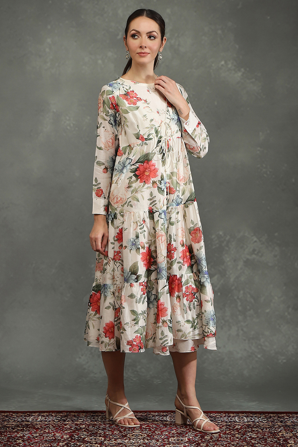 Ivory Silk Chanderi Floral Front-Open Dress image number 4