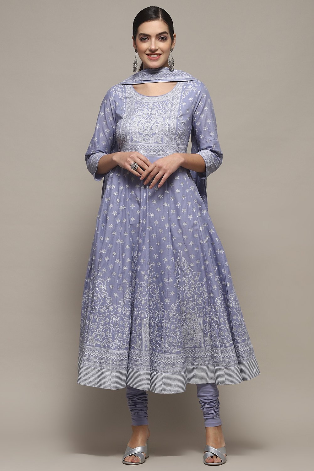 Powder Blue Cotton Anarkali Suit Set image number 7