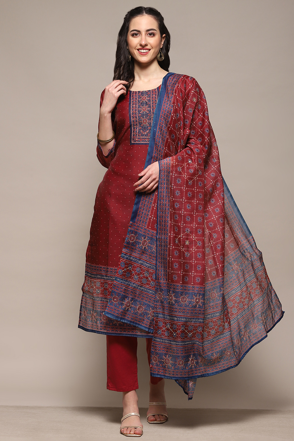 Red Chanderi Unstitched Suit Set image number 8