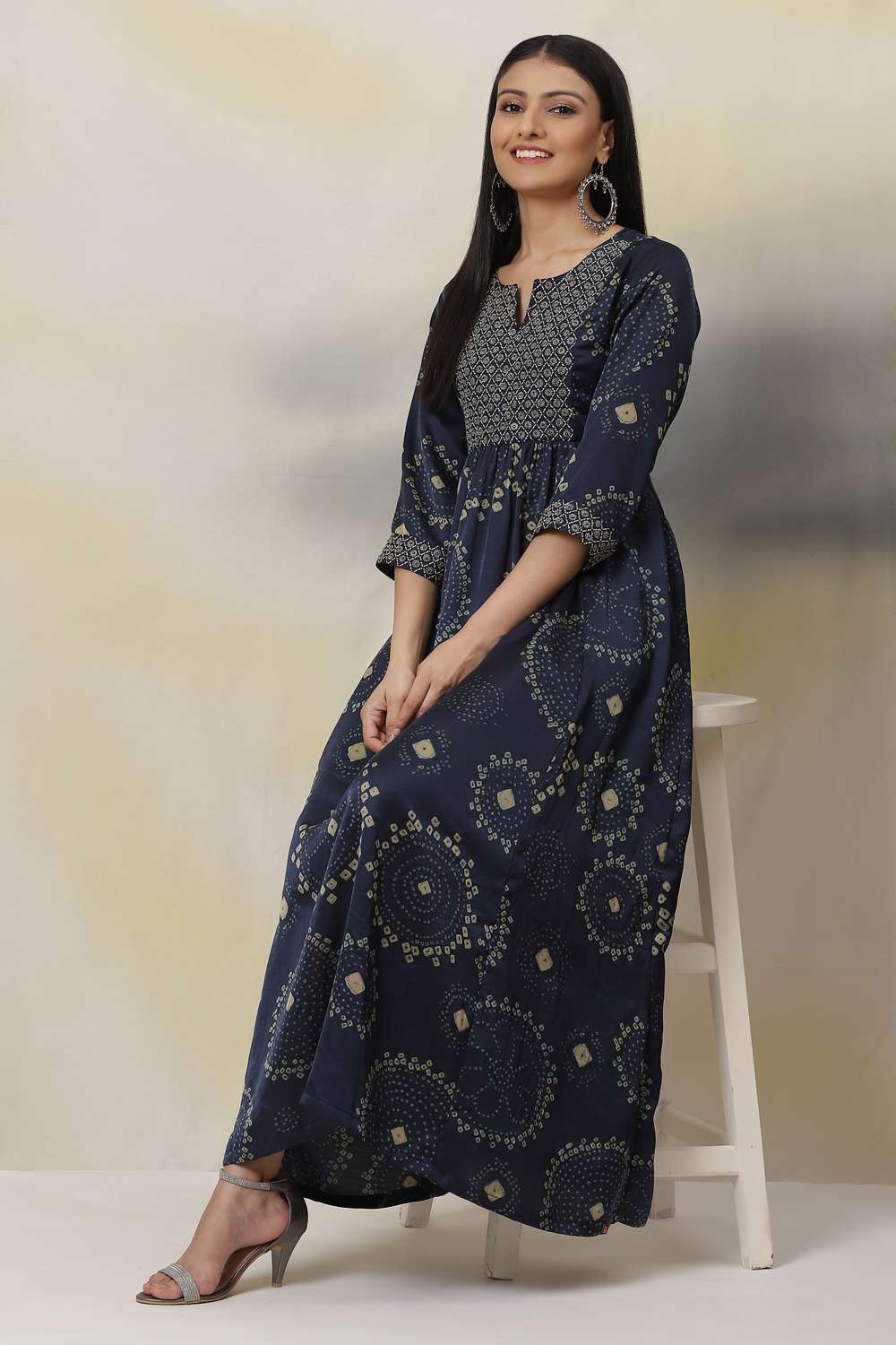 Navy Flared Modal Printed Dress image number 4