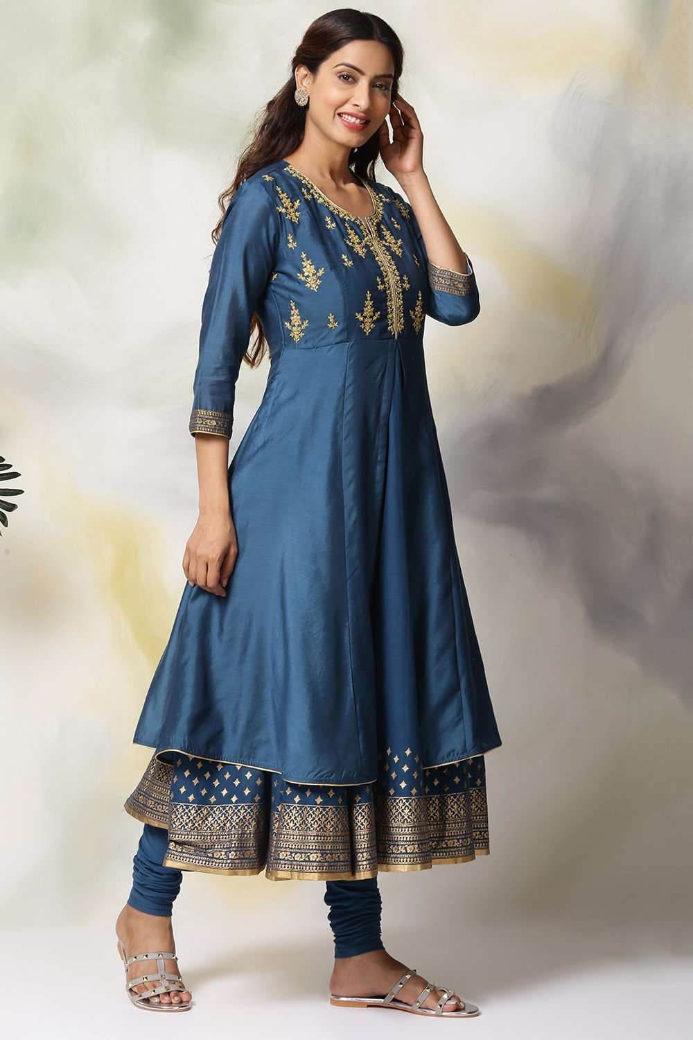 Blue Art Silk Anarkali Kurta Churidar Set image number 4