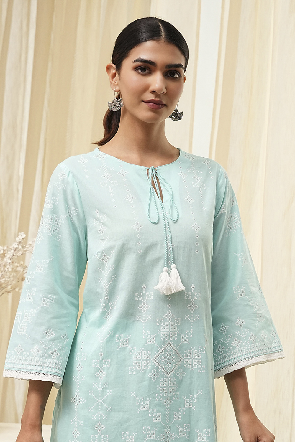 Aqua Cotton Printed Straight Suit Set image number 1