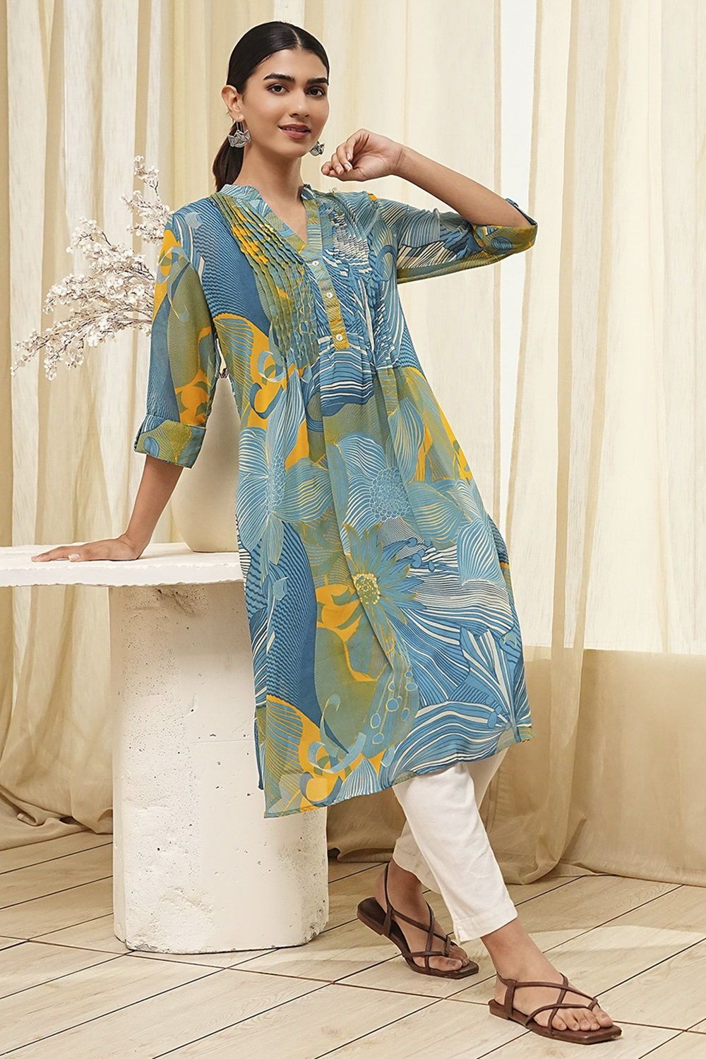 Blue Printed Pleated A-Line Kurta image number 0