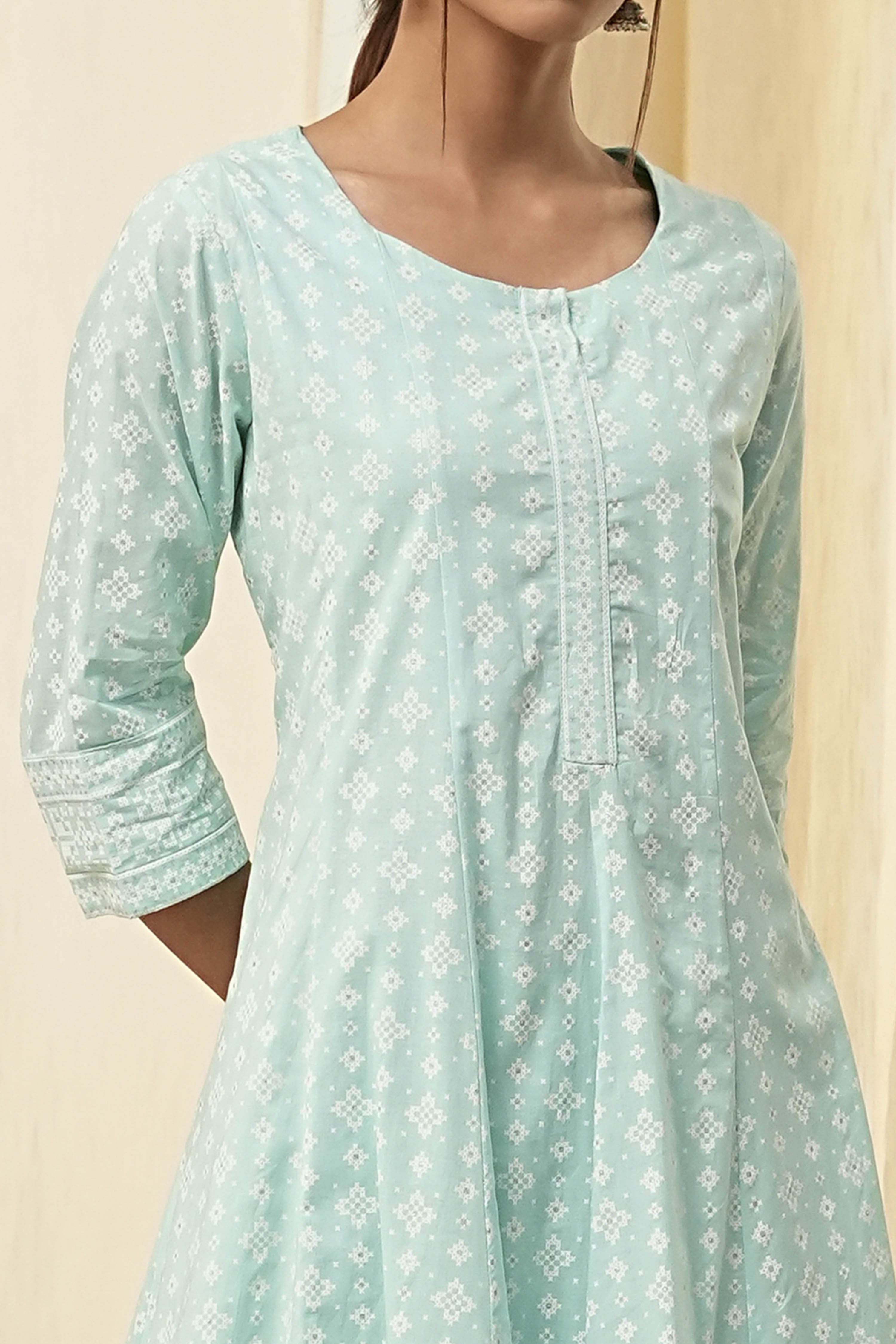 Aqua Pure Cotton Printed Kalidar Suit Set image number 1