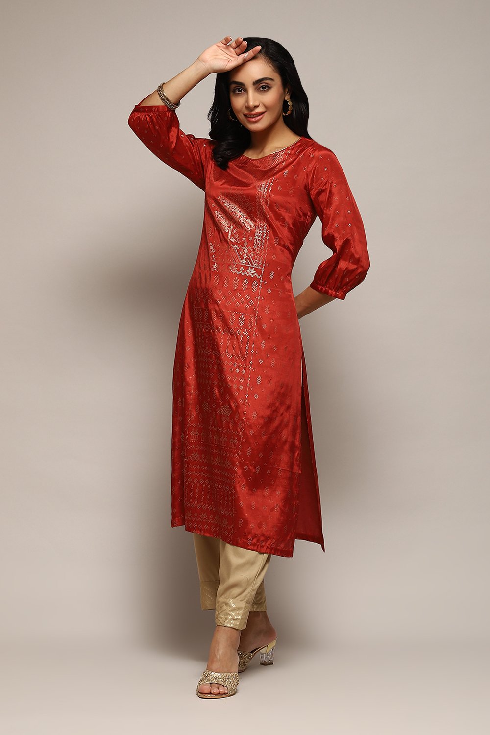 Green & Maroon Cotton Straight Printed Kurta image number 0