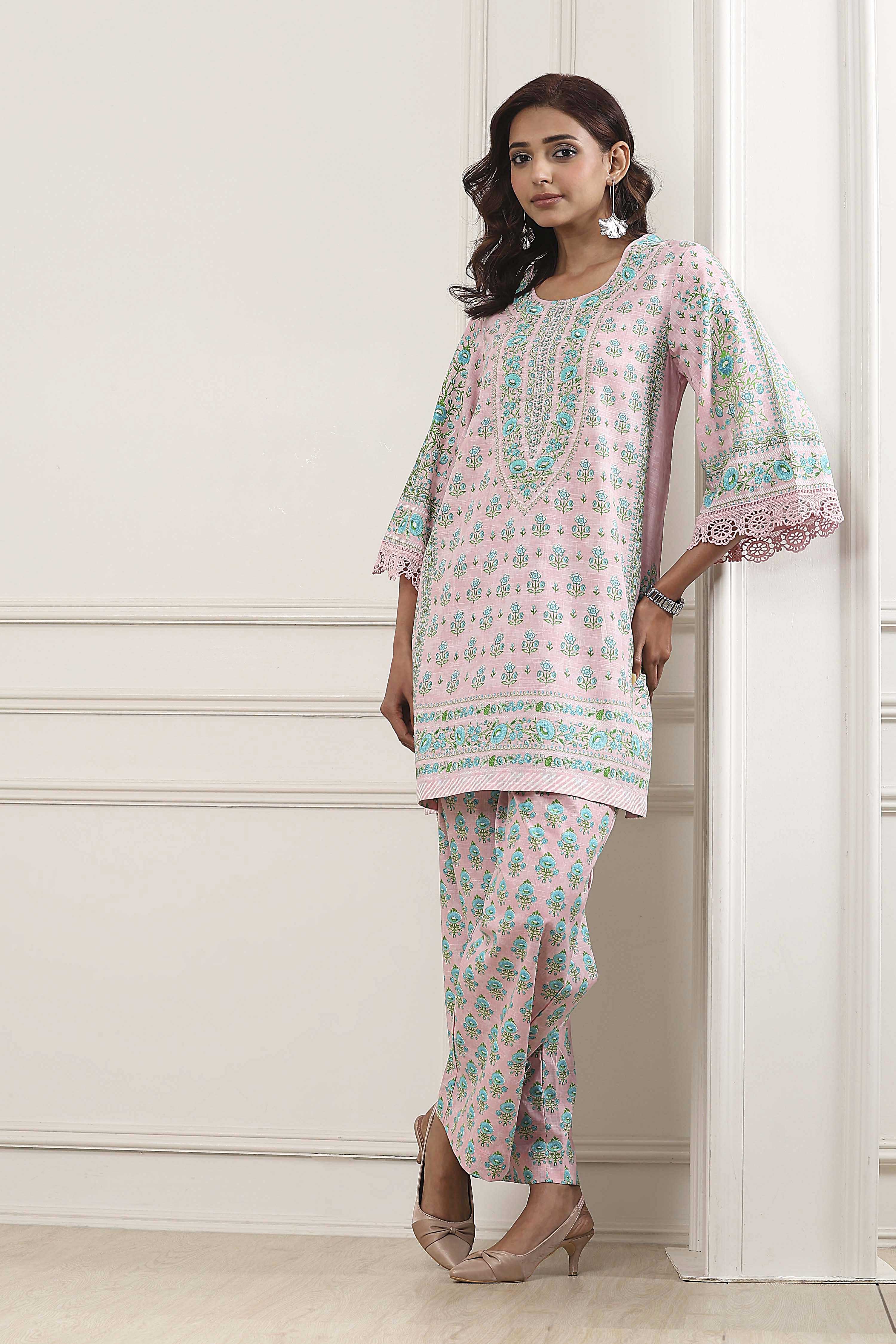 Pink Cotton Printed Straight Kurta Set image number 0