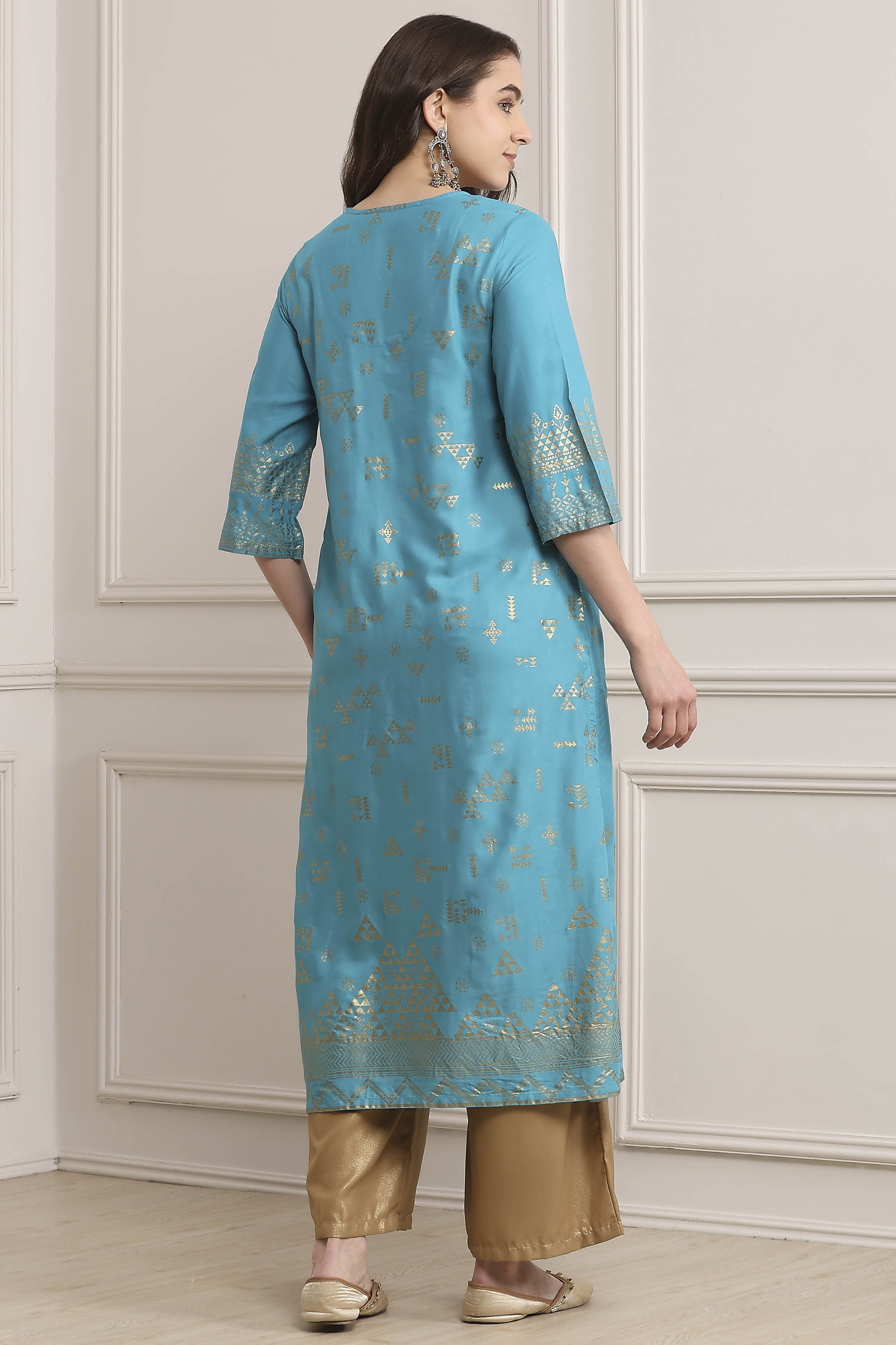 Turquoise Rayon A-Line Printed Kurta image number 3