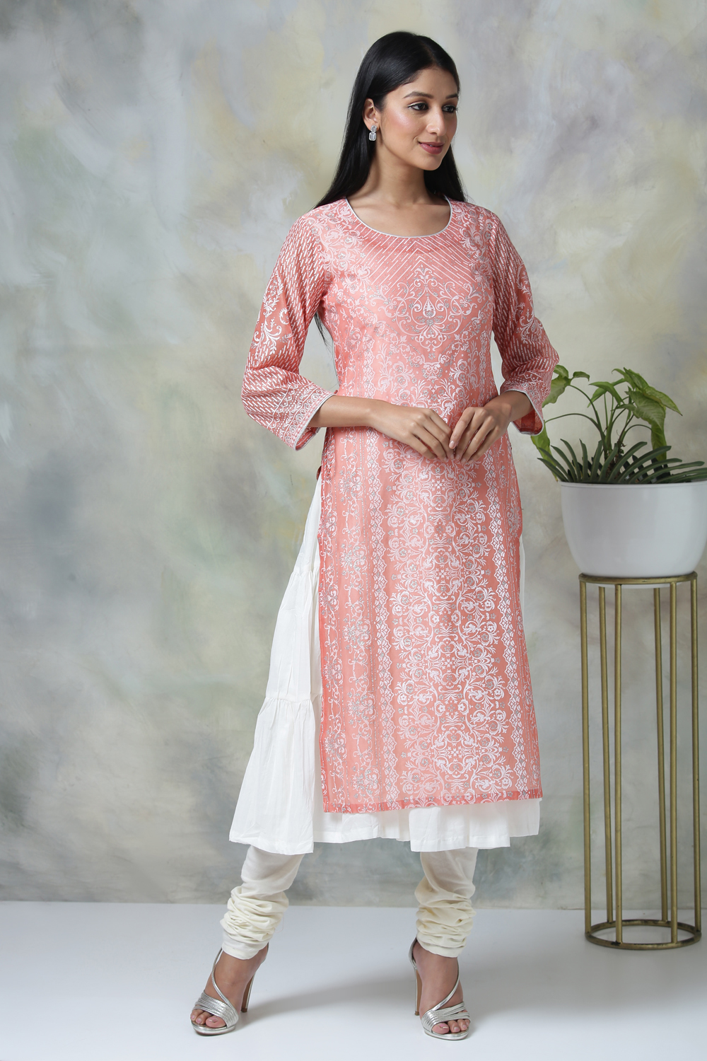 Peach Cotton Double Layered Printed Kurta image number 2