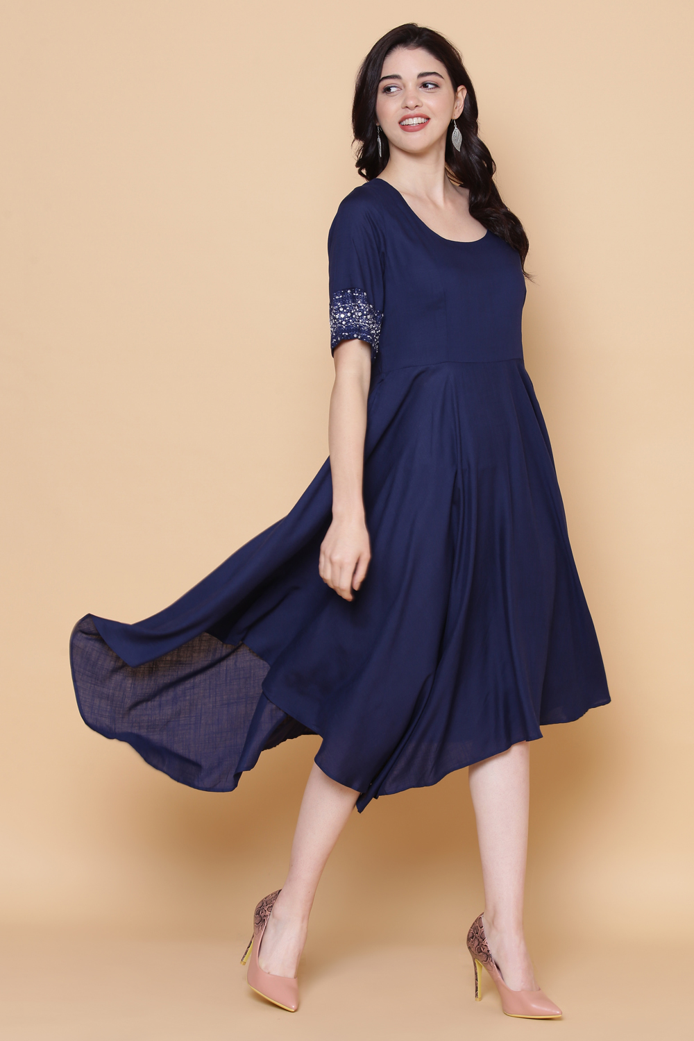 Indigo Rayon Flared Solid Dress image number 3