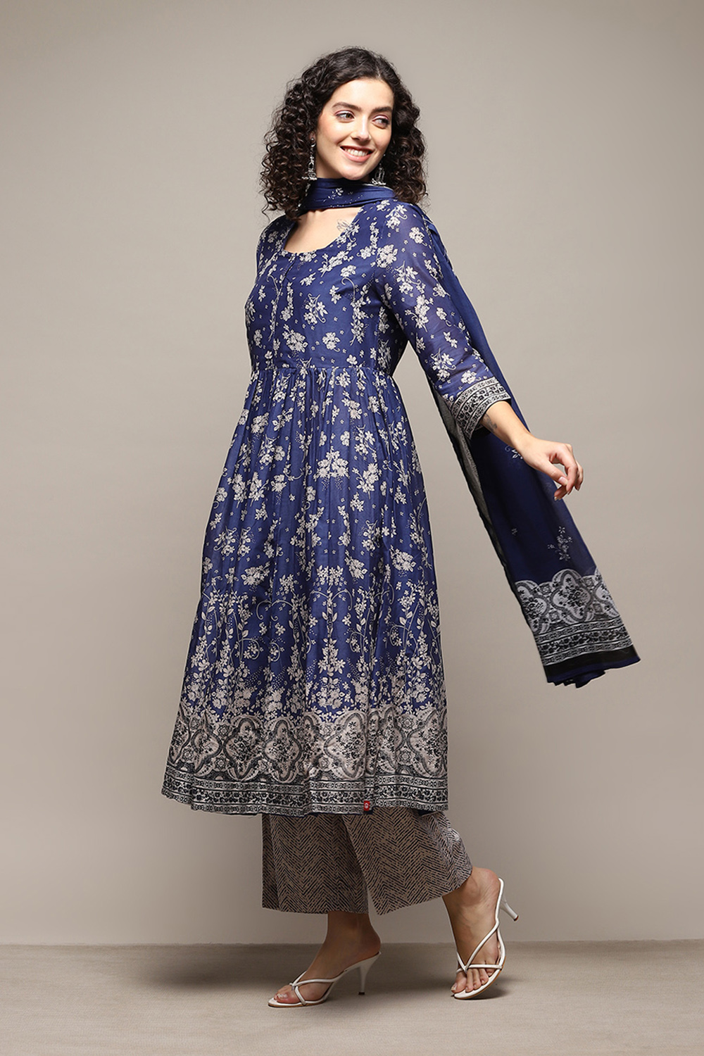 Blue Cotton Anarkali Kurta Palazzo Suit Set image number 4