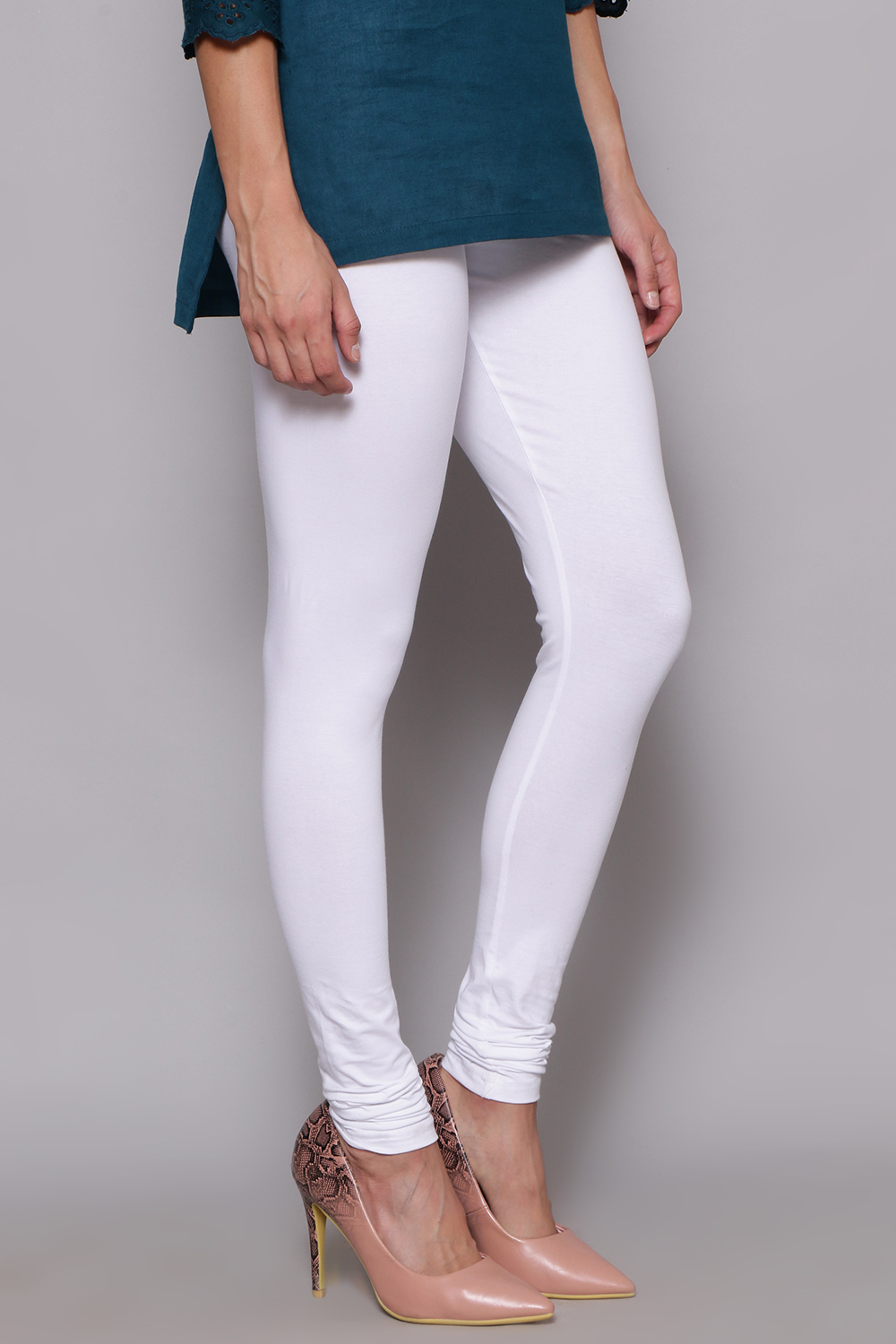 White Cotton Blend Solid Churidar image number 2