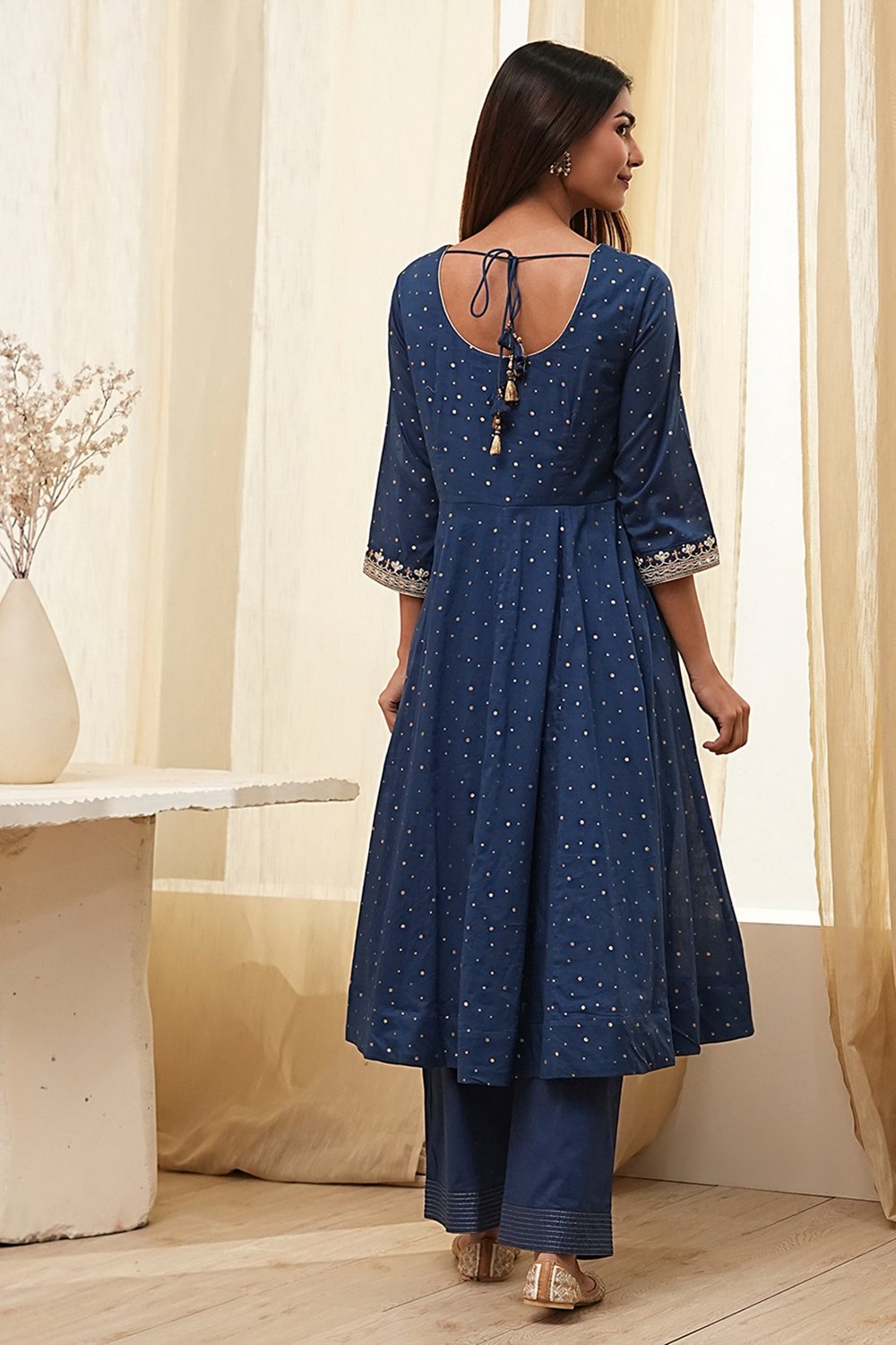 Blue Cotton Foil Printed Anarkali Suit Set image number 4