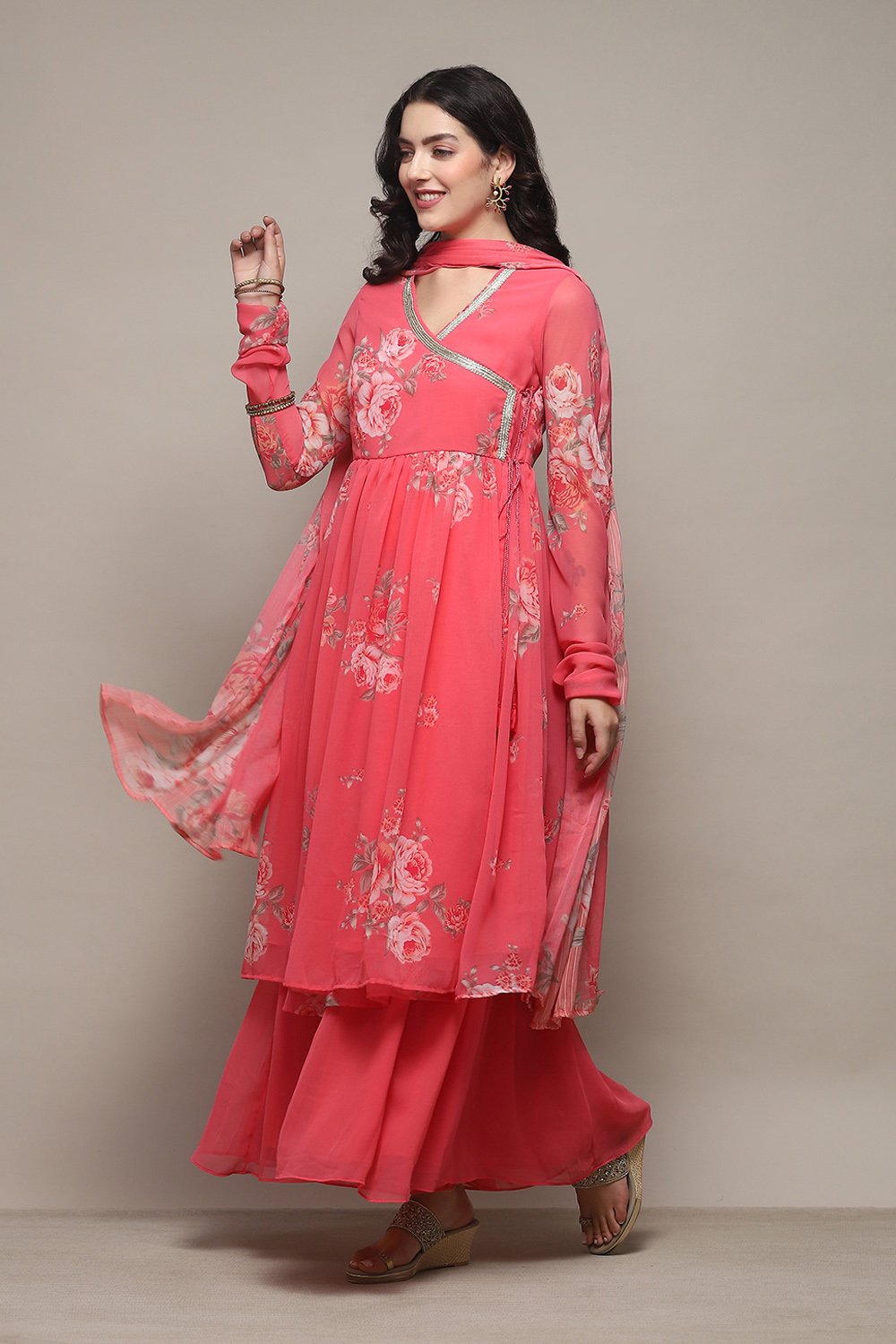 Pink Polyester Gathered Kurta Sharara Suit Set image number 4