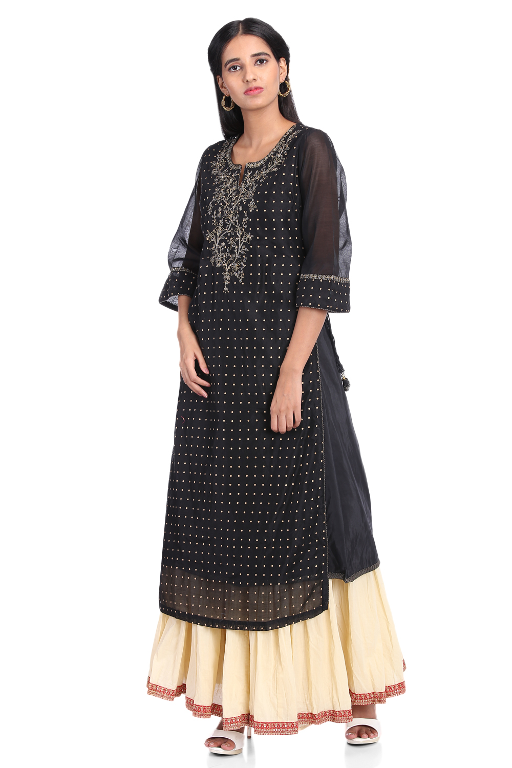 Black Poly Cotton A-Line Printed Kurta image number 3