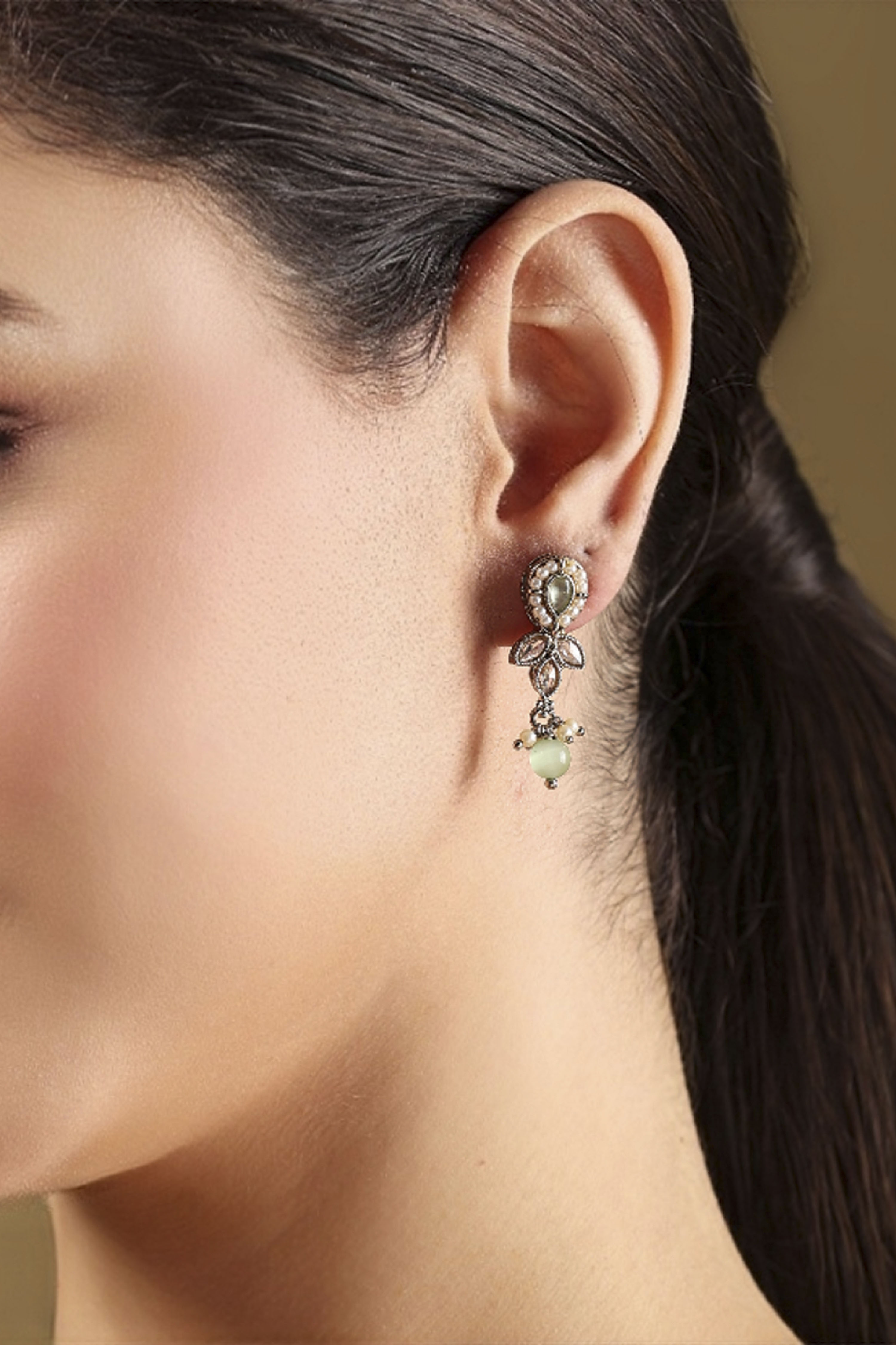 Mint Green Gold Plated Alloy Pearl Studded Drop Earrings image number 1