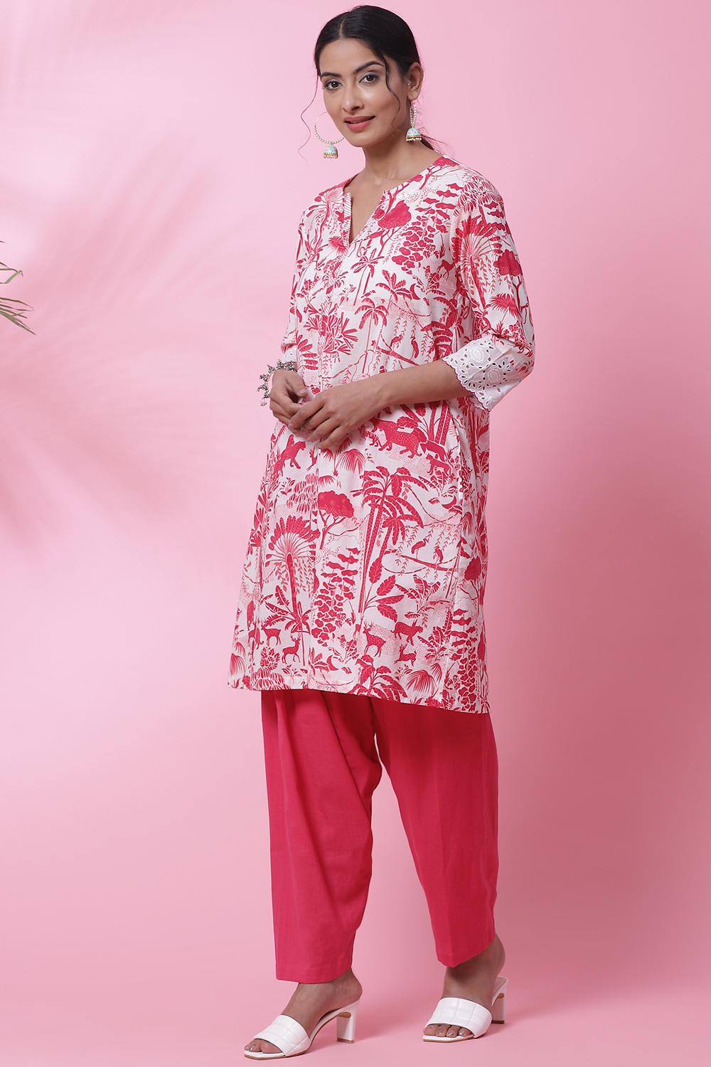 White And Blue Cotton A-Line Kurta Salwar Pant Suit Set image number 5