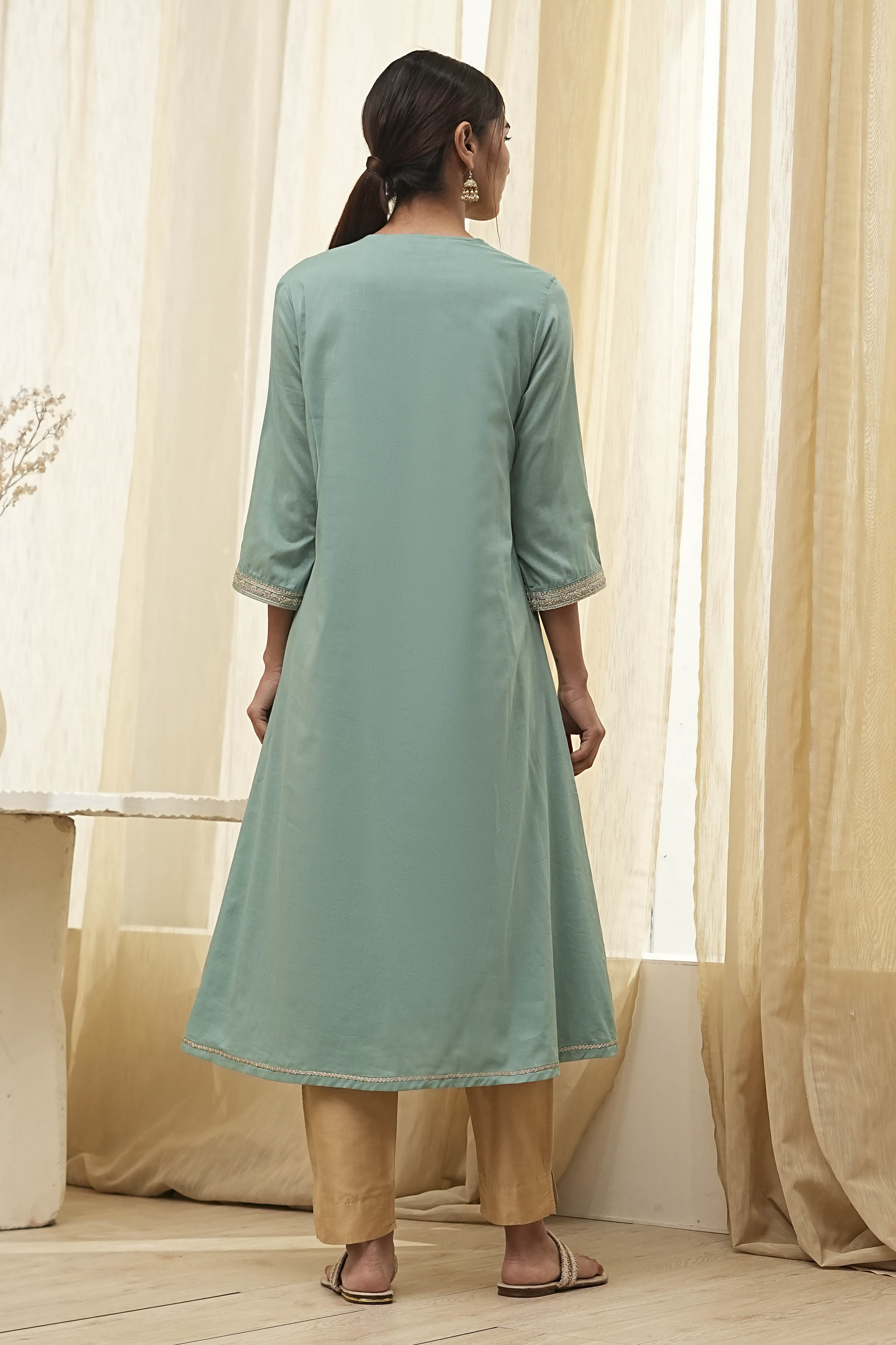 Dull Blue Pure Cotton Gathered Kurta image number 3