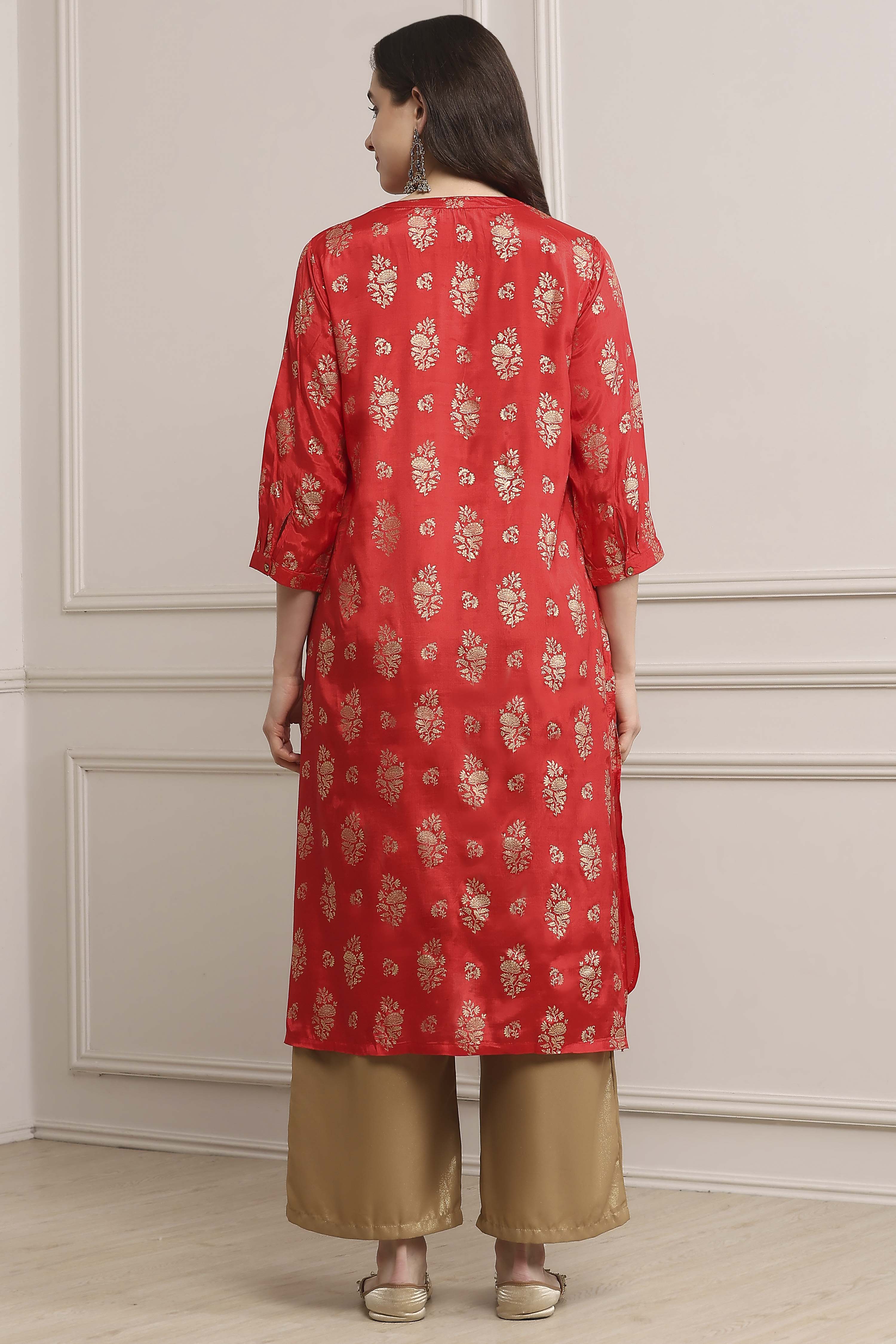 Red Rayon A-Line Printed Kurta image number 3